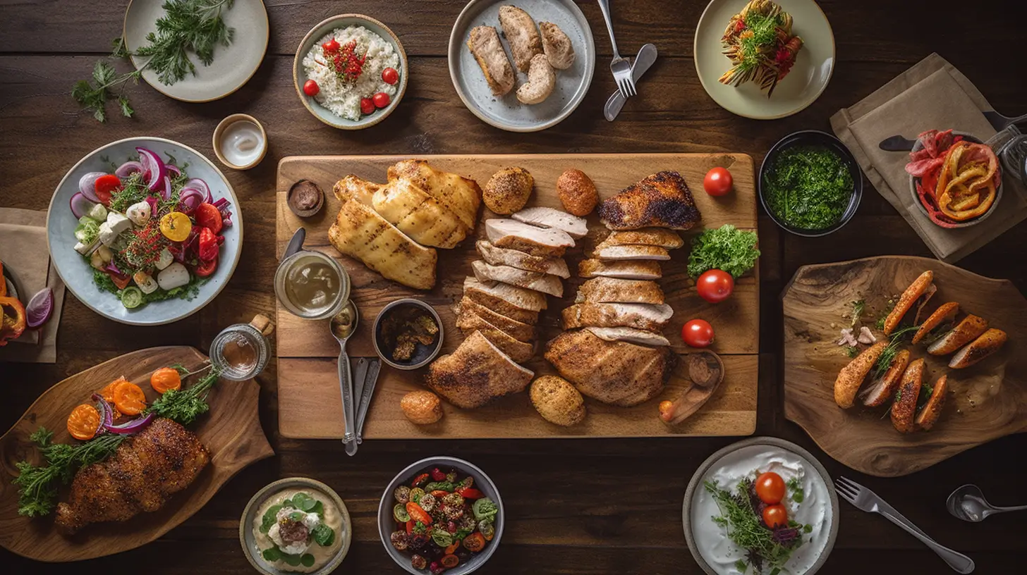 10 thin cut chicken breast recipes displayed on a rustic wooden table.