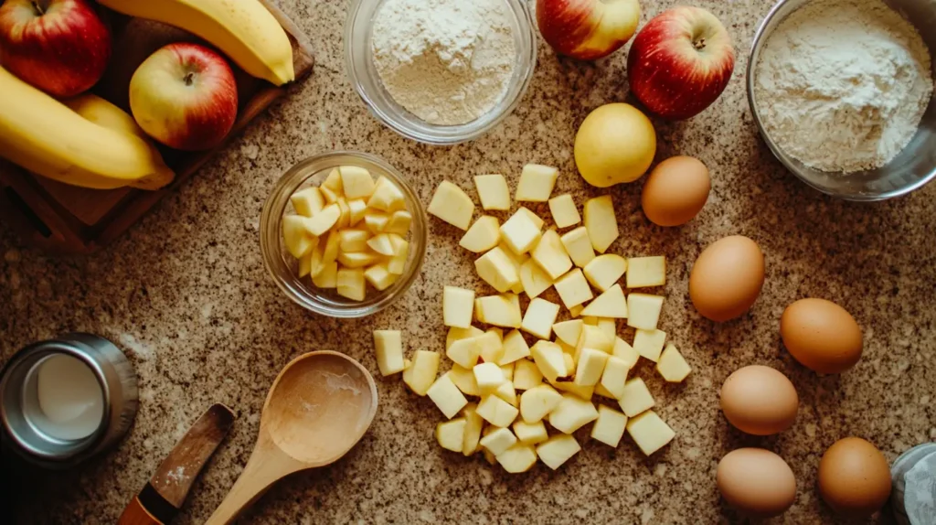 Apple Banana Bread ingredients on a kitchen counter