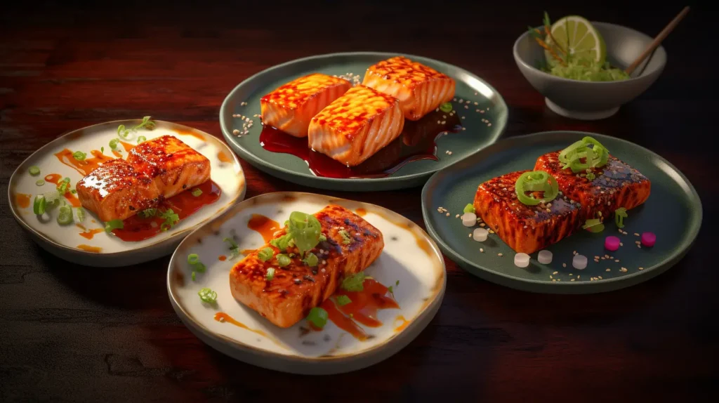 Five delicious variations of salmon bites, each with a unique flavor.