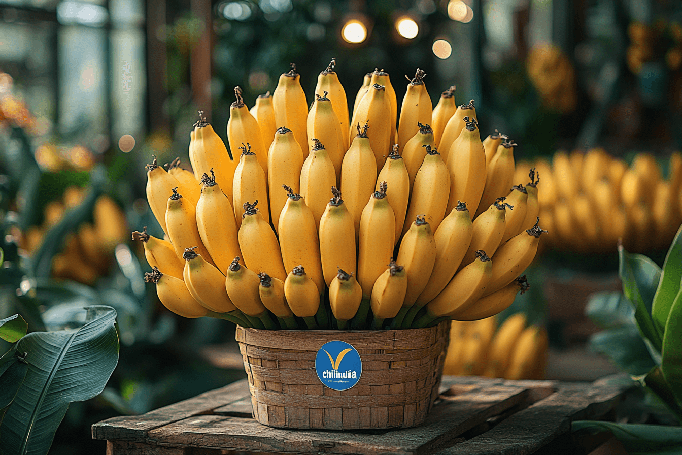 Chiquita bananas on display in a fruit market.