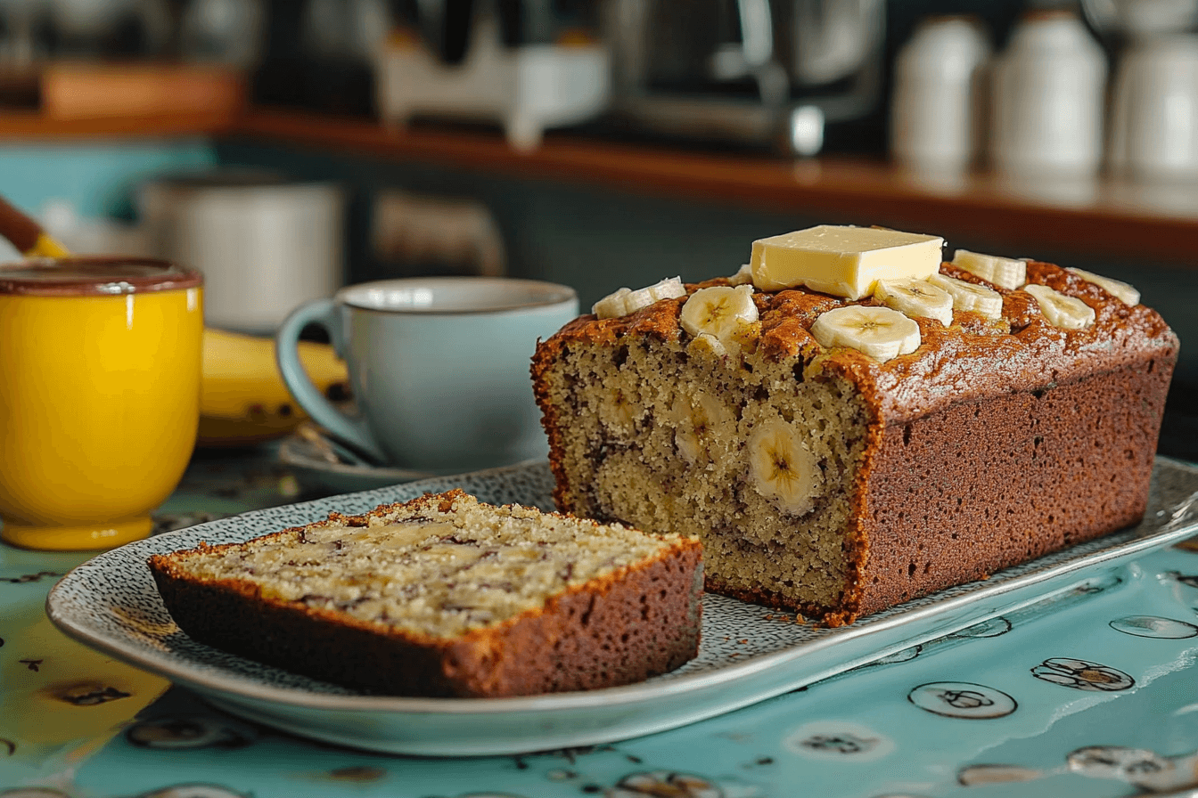 A freshly baked loaf of banana bread, sliced and served on a rustic wooden board, with butter and coffee in the background