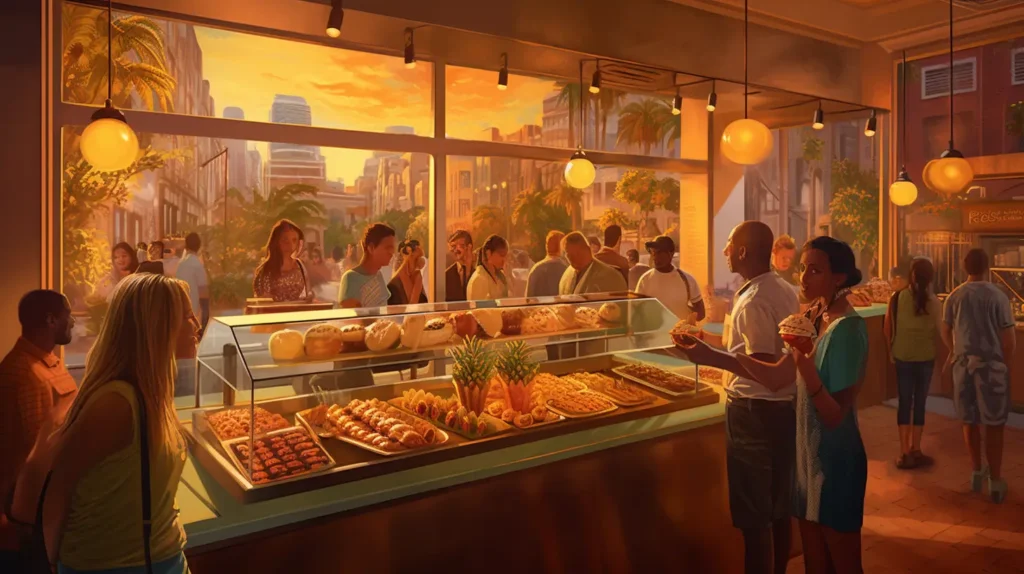 A busy NYC bakery with an exotic fusion theme, serving banana pudding.
