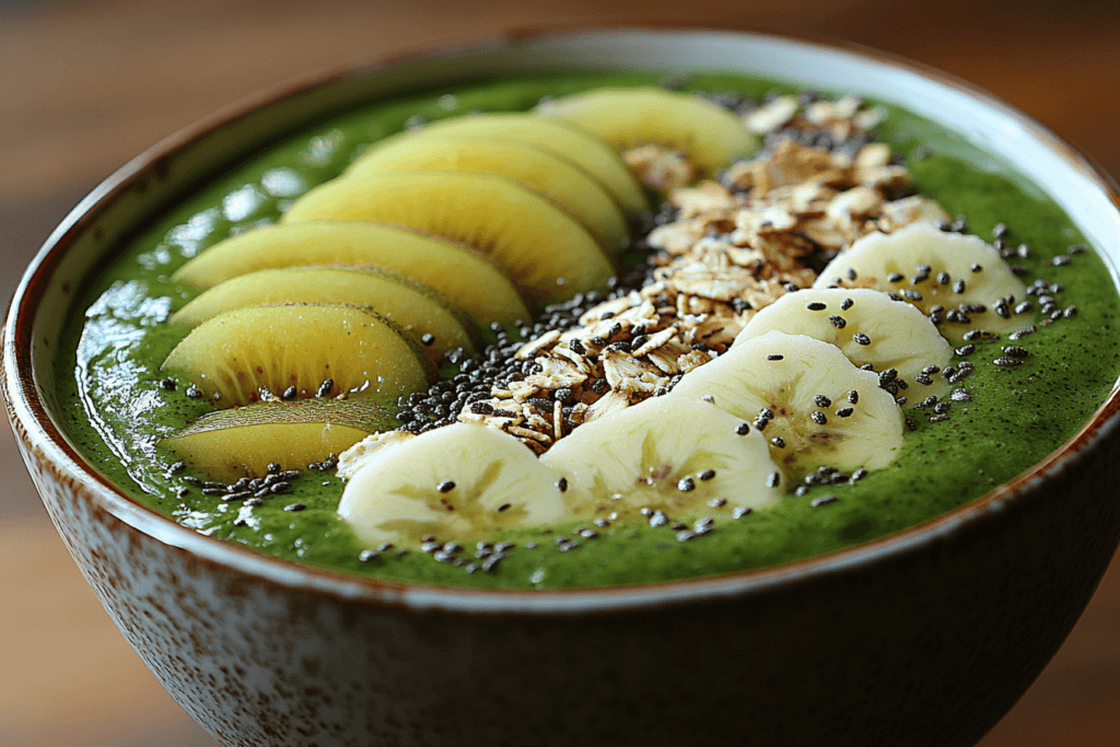 A vibrant green smoothie bowl topped with sliced kiwi, banana, oats, and chia seeds.