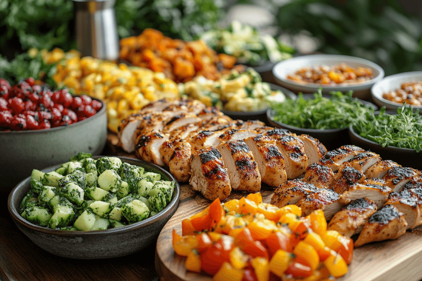 A vibrant food spread featuring grilled chicken breast slices, colorful roasted vegetables, fresh salads, and garnishes like cherry tomatoes, arugula, and diced bell peppers, all beautifully arranged on a wooden board and bowls.