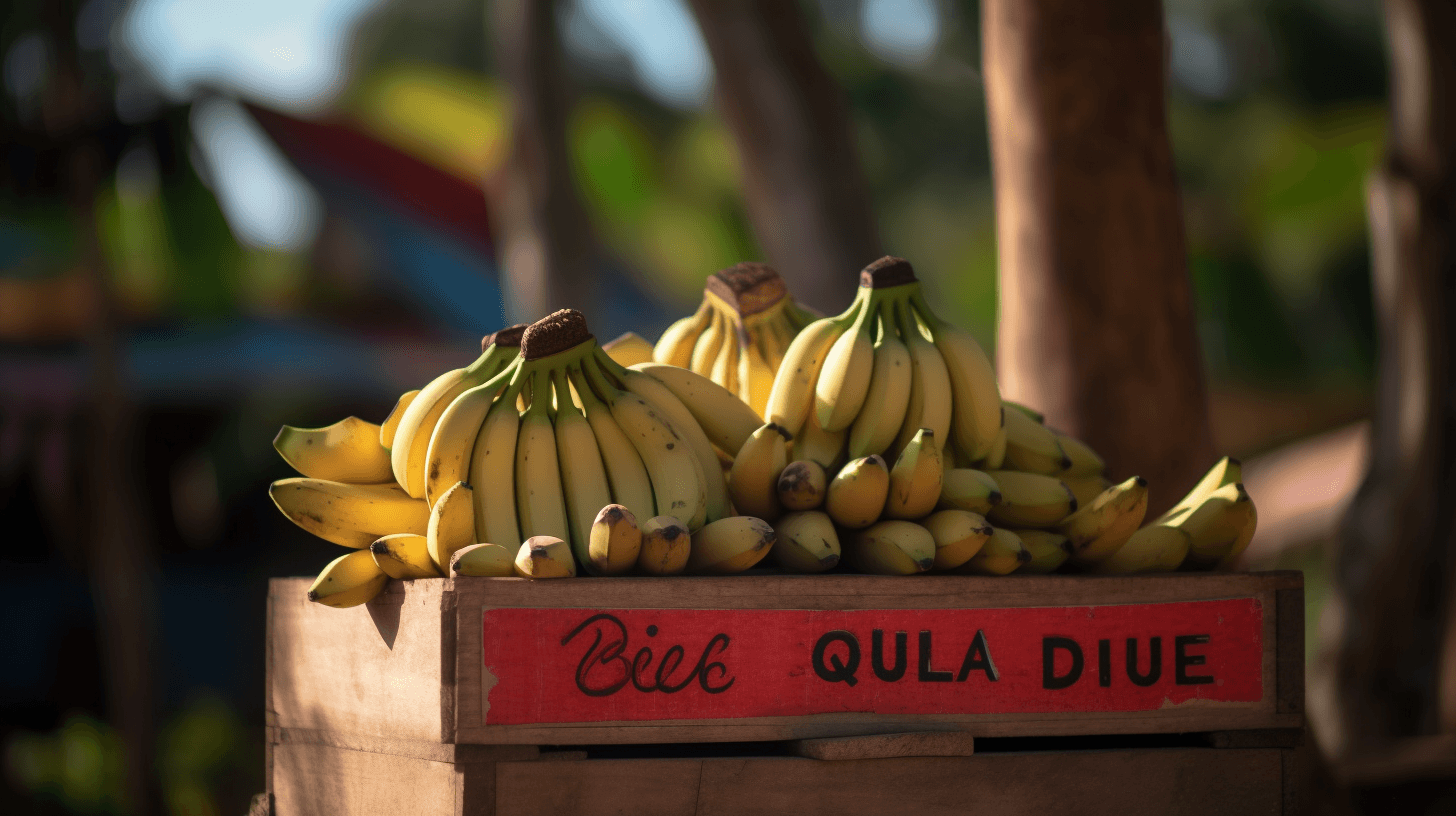 Side-by-side comparison of Chiquita and Dole bananas on a market stand
