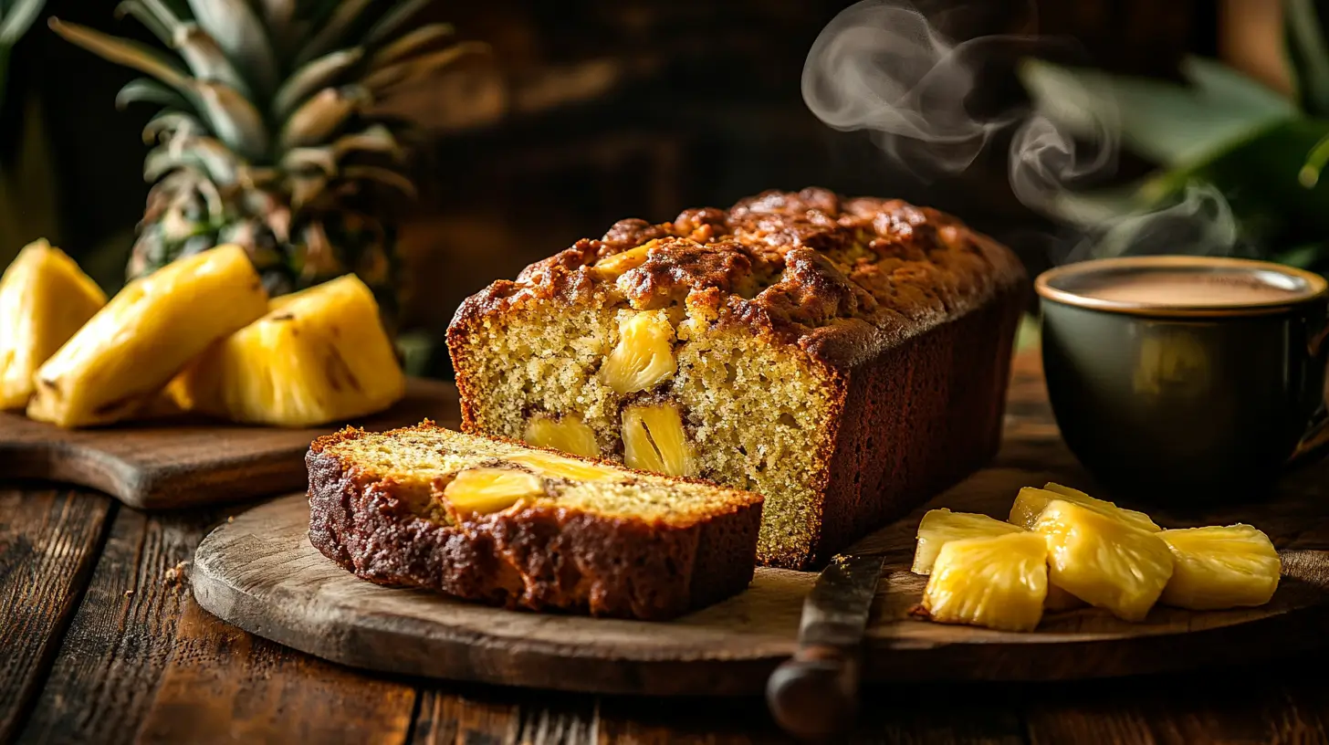 Moist pineapple banana bread loaf sliced on a wooden table