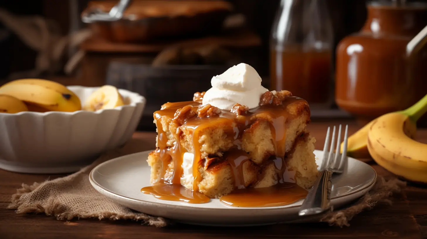 A warm slice of banana bread pudding with caramel drizzle.