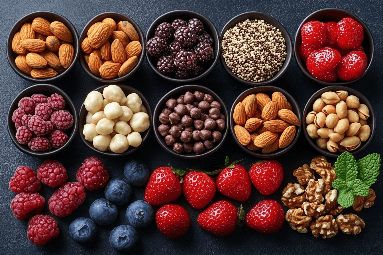 Assorted fresh fruits including apples, berries, and oranges, arranged in a bowl, perfect for a refreshing vegan snack