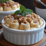 A close-up of Banana Bread Pudding Magnolia served in a white dish, topped with caramel sauce and fresh banana slices
