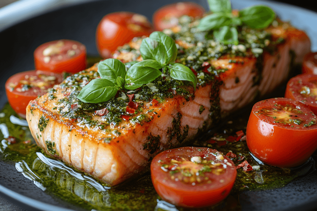 A grilled salmon fillet topped with herb pesto and garnished with fresh basil leaves, served alongside roasted cherry tomatoes on a black plate.