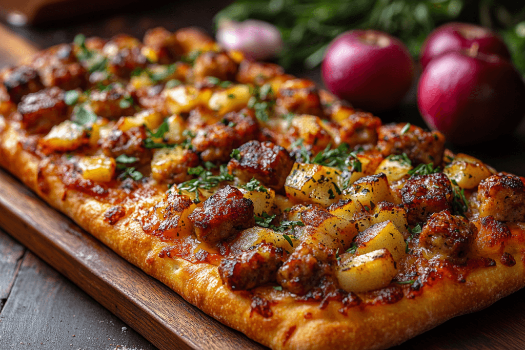Flatbread pizza topped with sausage, roasted potatoes, and fresh herbs on a wooden serving board.