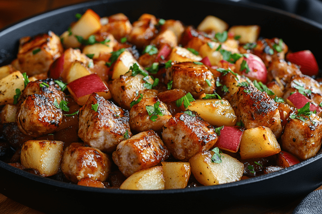 Skillet dish with browned sausage chunks, roasted red apple pieces, and golden potatoes garnished with fresh parsley.