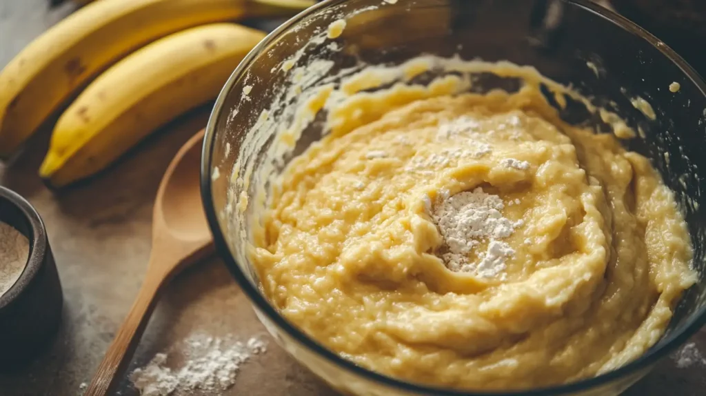 Banana bread batter resting in a mixing bowl with bananas.