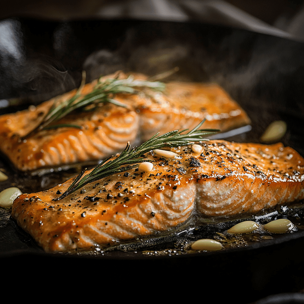 Salmon searing skin-side down in cast iron skillet