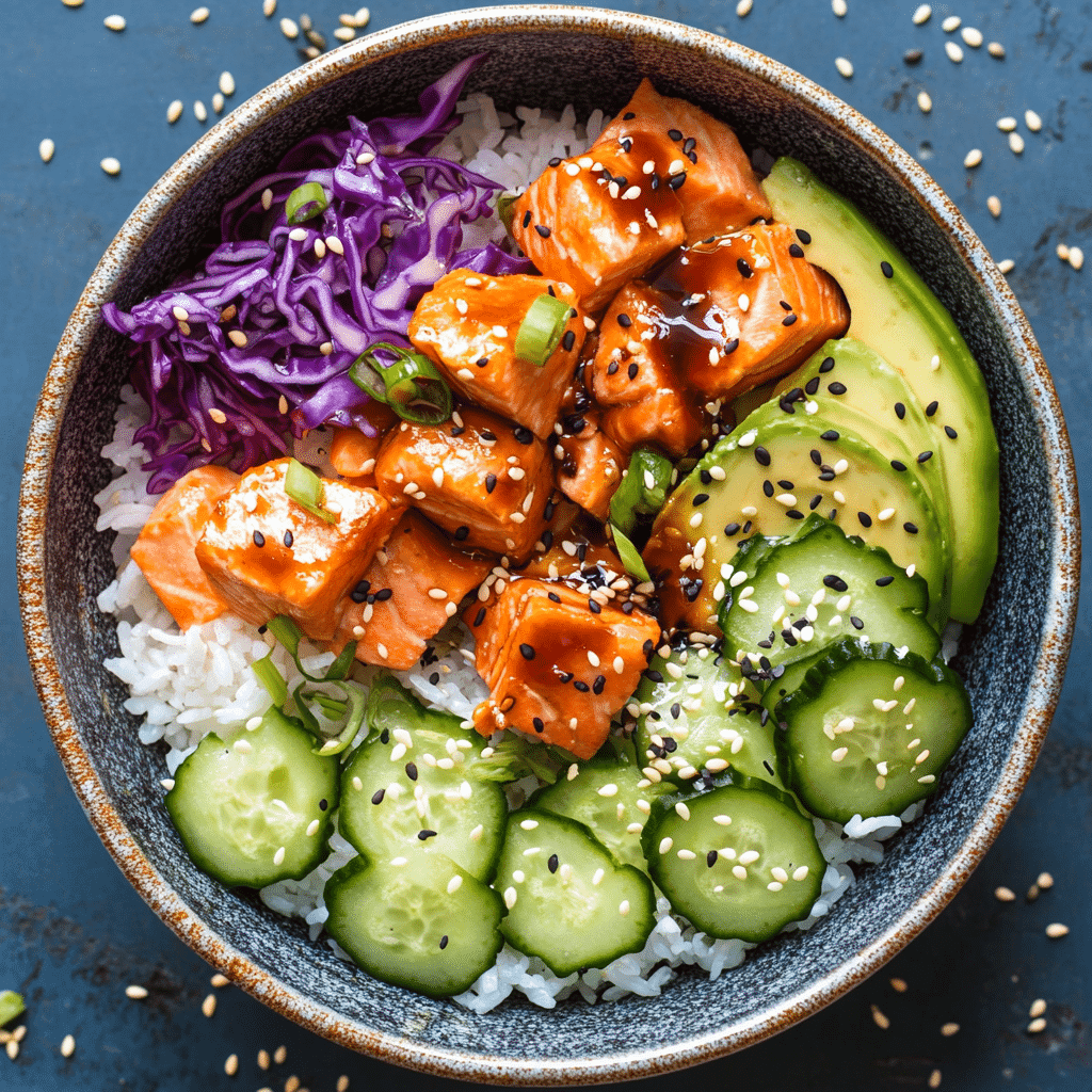 Colorful salmon bowl with rice, vegetables, and spicy mayo