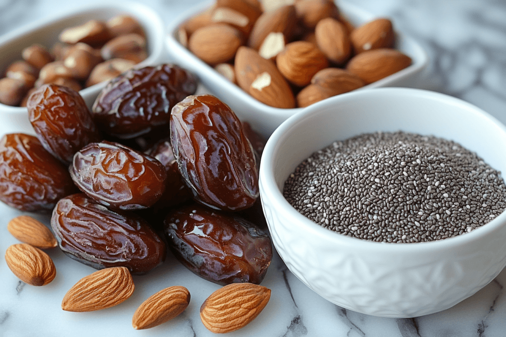 A close-up of natural ingredients including dried dates, whole almonds, chia seeds in a white bowl, and hazelnuts, arranged on a marble surface.