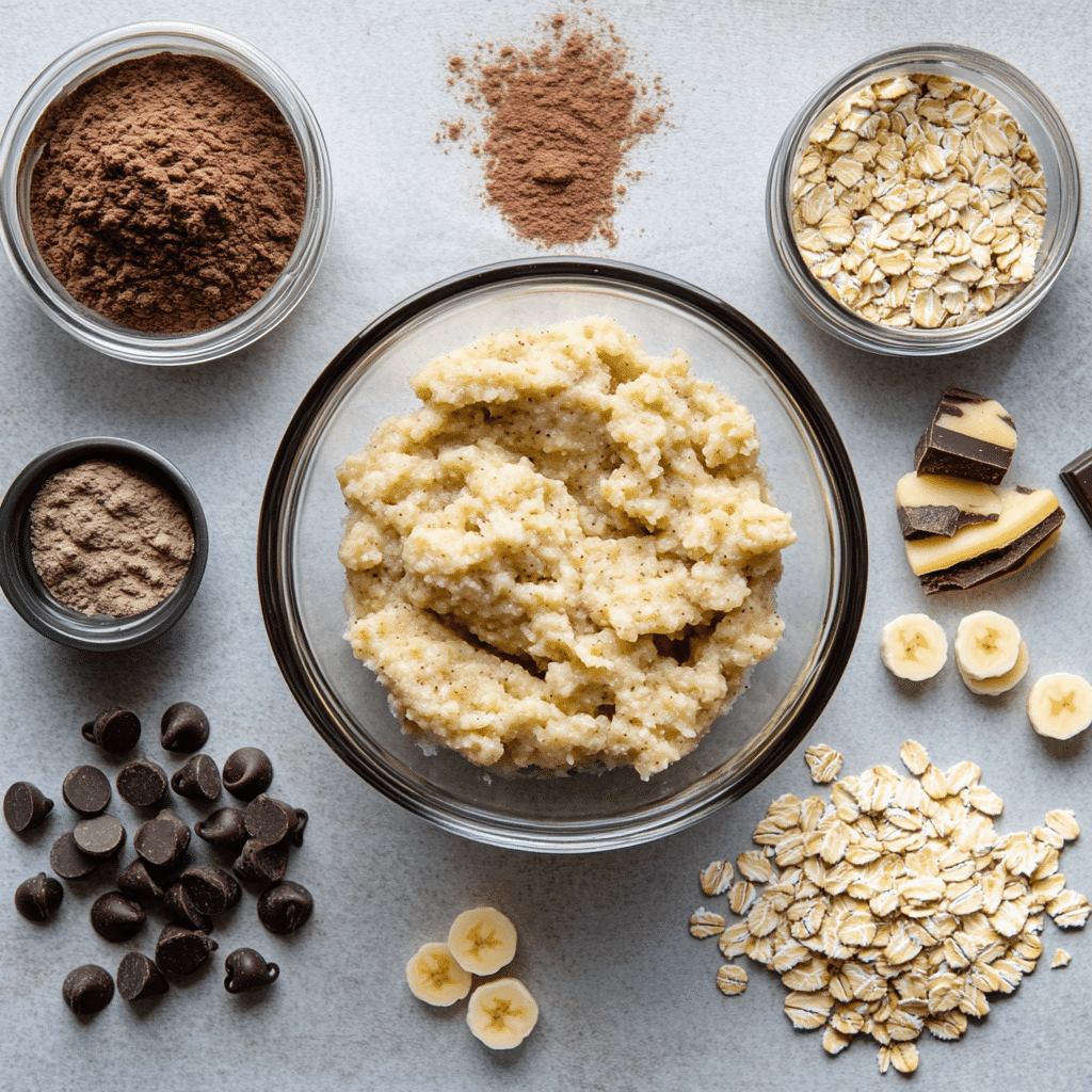 Measured ingredients for banana bread cookies on parchment