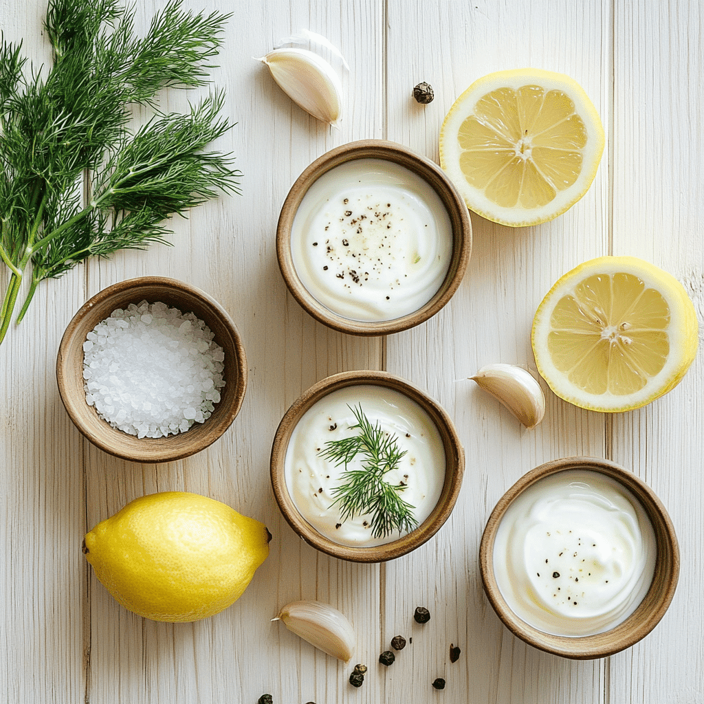Ingredients for lemon dill sauce in small bowls