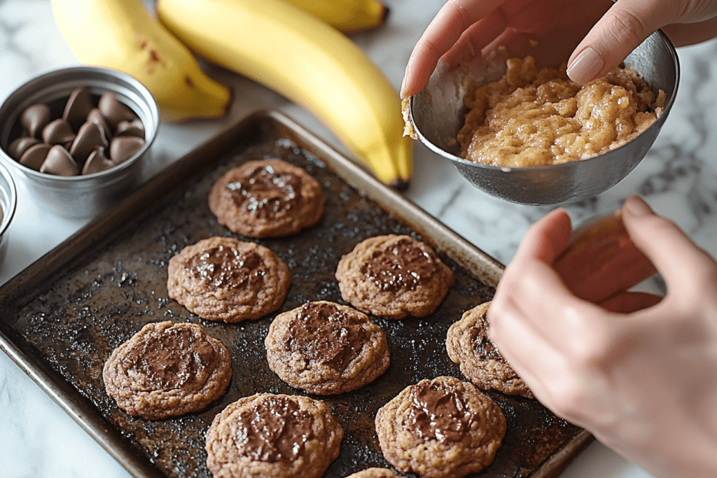 Hands preparing banana-flavored cookies on a baking tray, with ripe bananas, chocolate chips, and a bowl of mashed bananas in the background