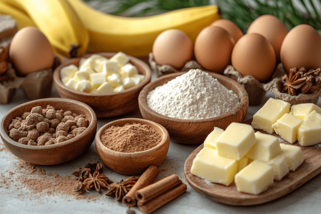A collection of baking ingredients, including bananas, eggs, butter cubes, flour, cocoa powder, spices, and sugar, arranged on a light surface.