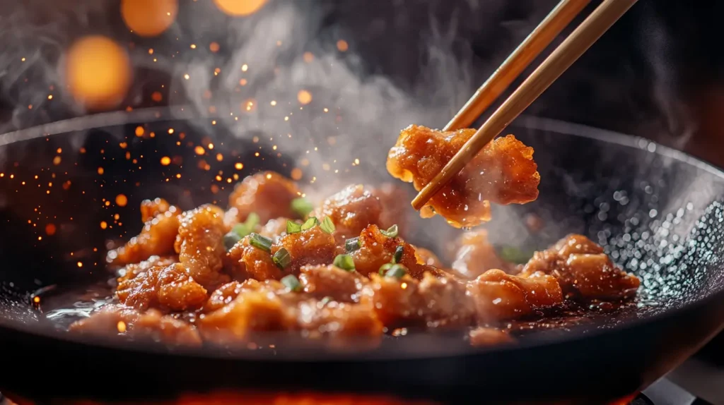 Crispy chicken being deep-fried in a wok with bubbling oil