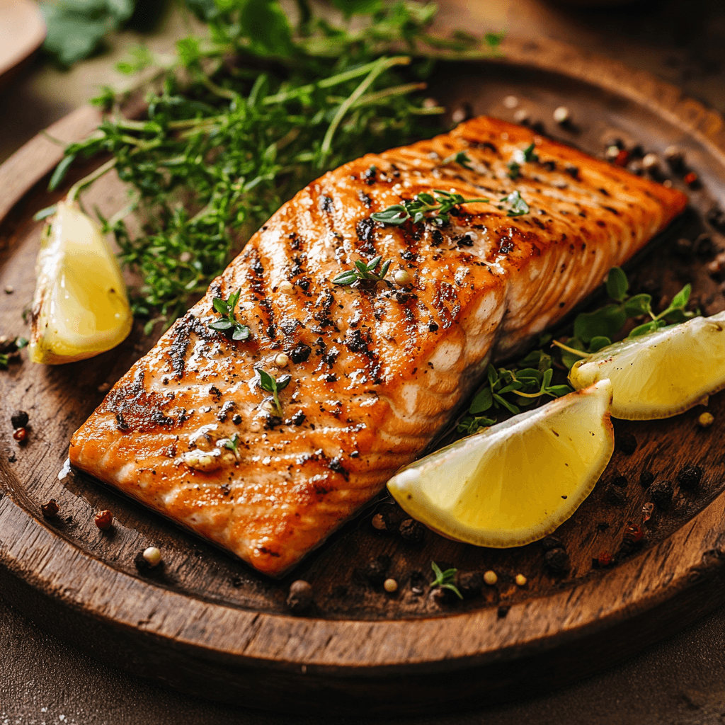 Grilled salmon fillet with lemon and herbs on rustic plate