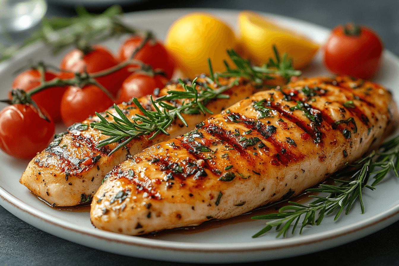 "Perfectly cooked thin chicken breast garnished with fresh herbs and served with lemon wedges on a white plate.