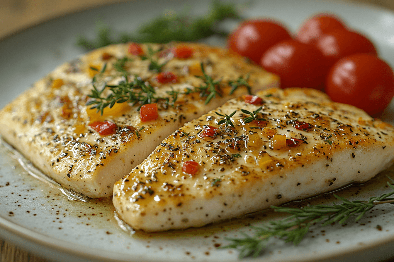 Thin chicken breasts cooking in a skillet with a golden-brown sear, garnished with fresh herbs.