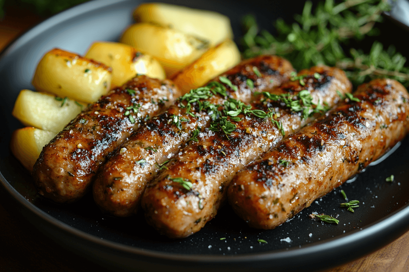 Grilled chicken apple sausage served with roasted vegetables and a side of whole-grain mustard