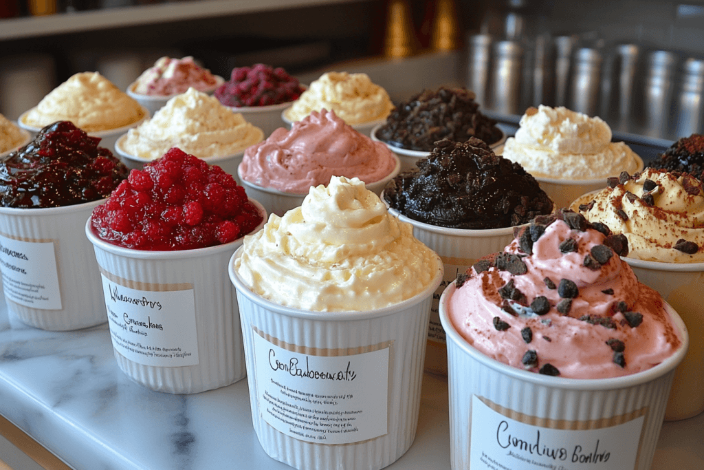 An assortment of dessert cups filled with various flavored creams, mousses, and puddings, topped with toppings like fruit compotes, chocolate shavings, and cookie crumbs, arranged on a marble countertop.