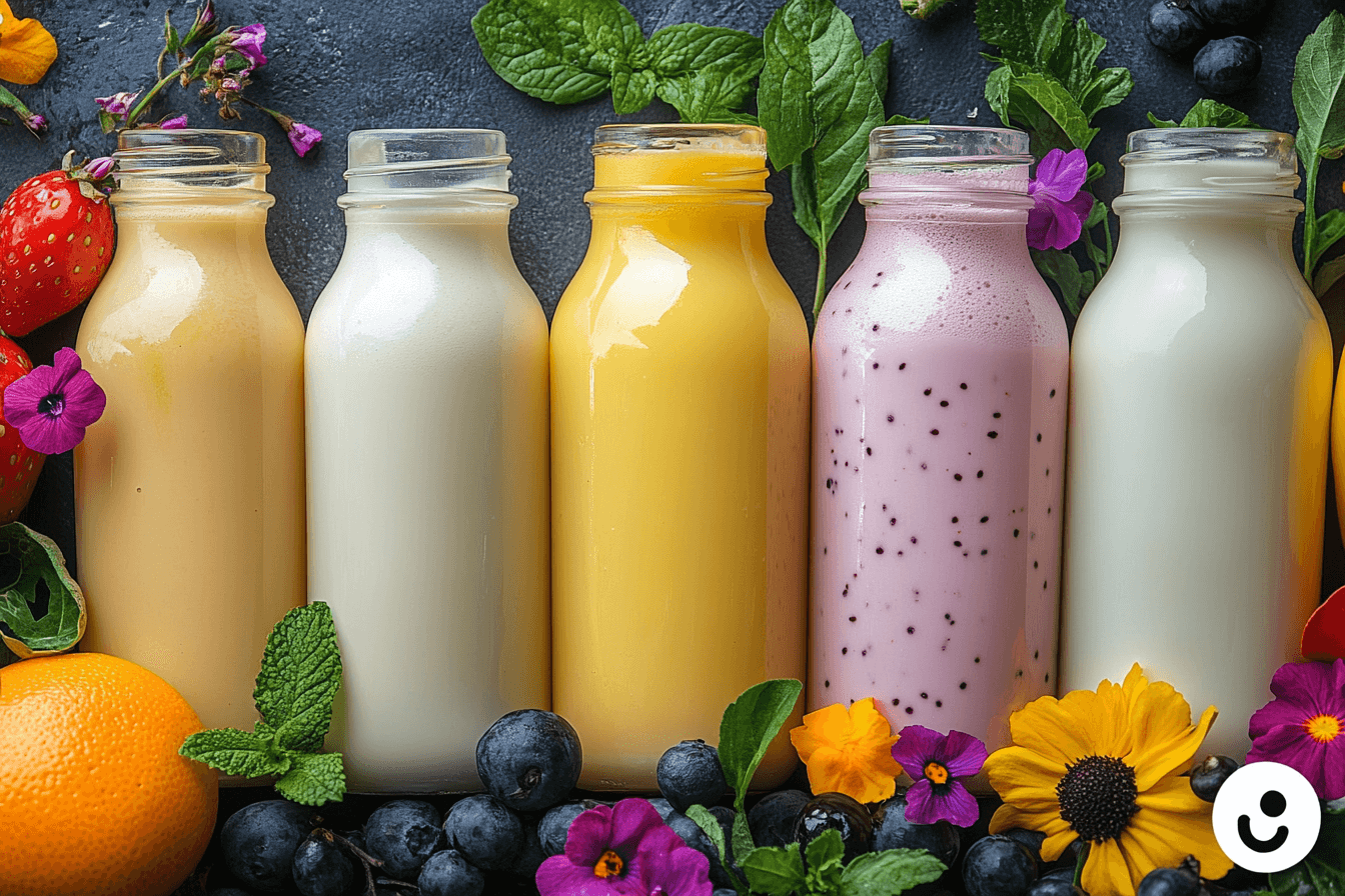 A colorful assortment of fresh fruits, vegetables, and plant-based milk options on a wooden table.
