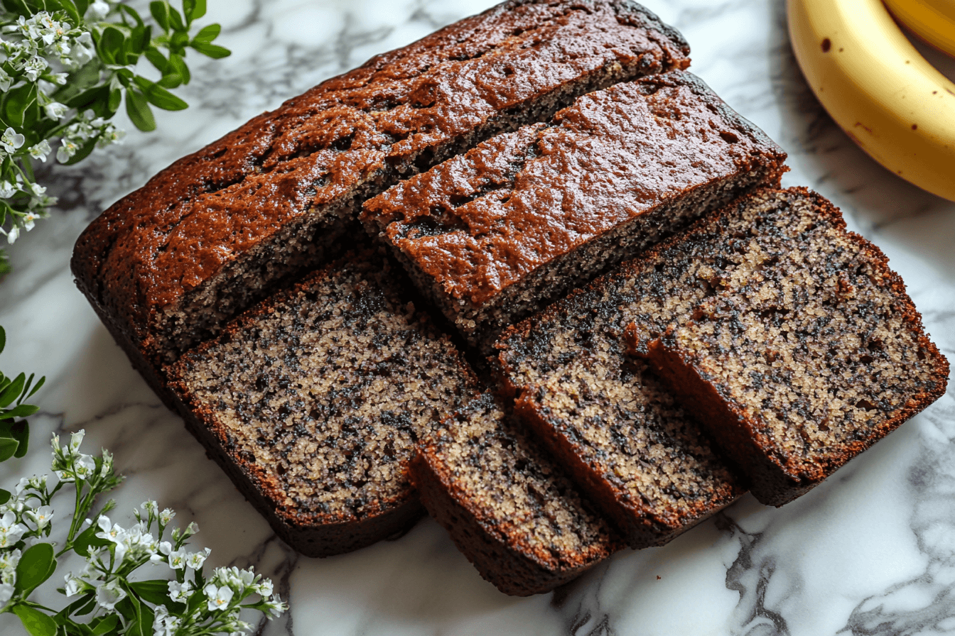 A freshly baked banana bread loaf sliced into 8, 10, and 12 portions, with calorie counts labeled for each slice on a wooden cutting board.