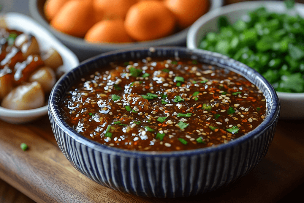 A bowl of glossy, rich sauce garnished with sesame seeds, chopped green onions, and chili flakes, served in a textured blue ceramic bowl. The background features fresh green onions, mandarin oranges, and caramelized garlic, creating a vibrant and flavorful presentation.