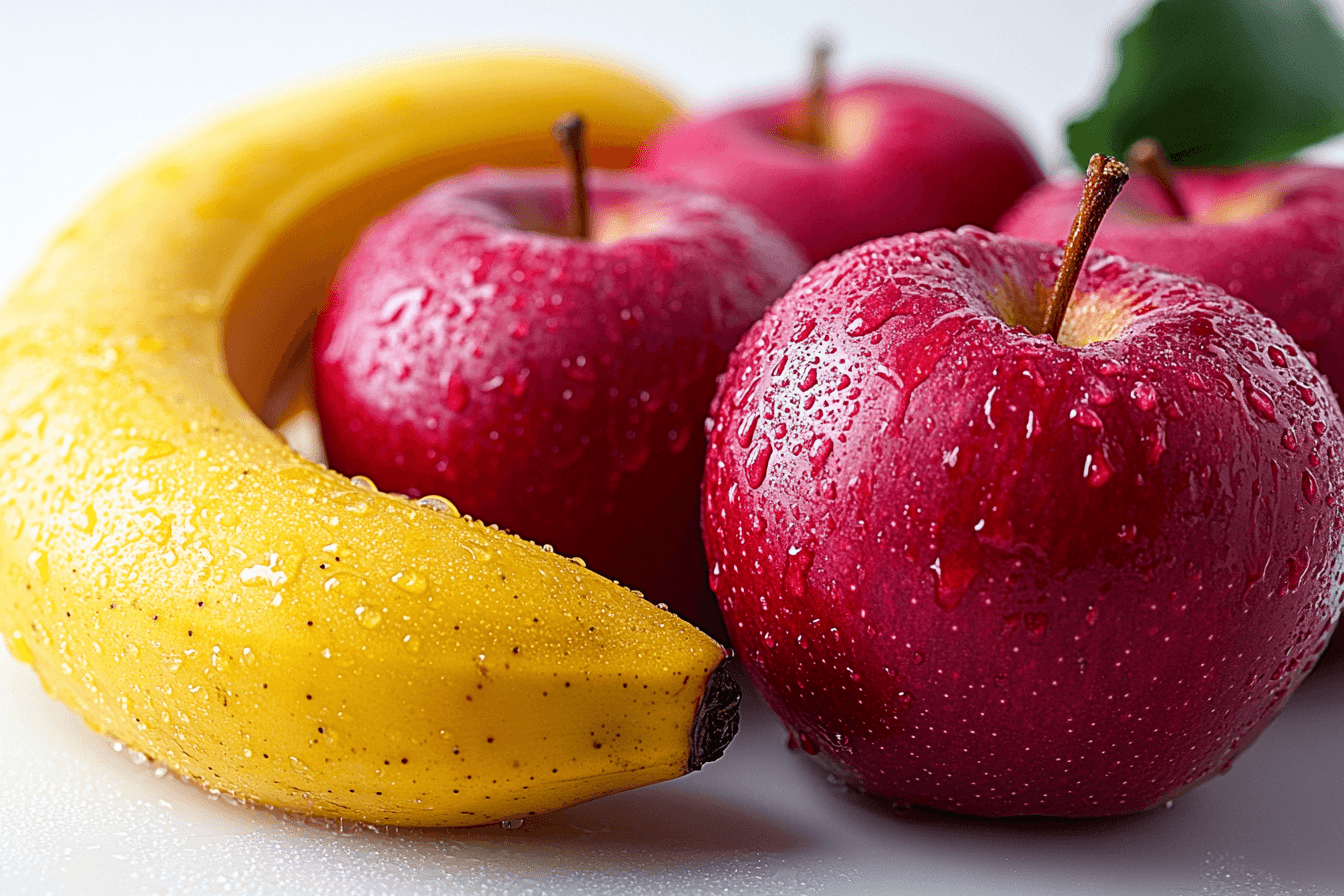 "Close-up of a shiny red apple and a yellow banana placed on a wooden table with natural sunlight.