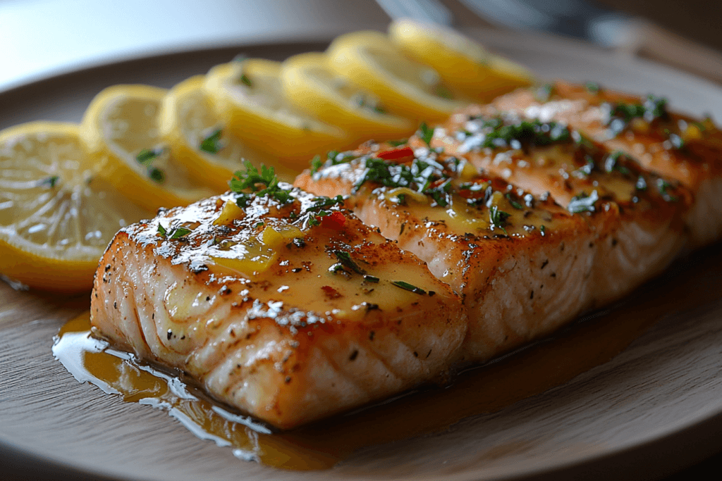 A grilled salmon fillet drizzled with a lemon butter sauce, garnished with fresh herbs, and served with a side of lemon slices on a wooden plate.