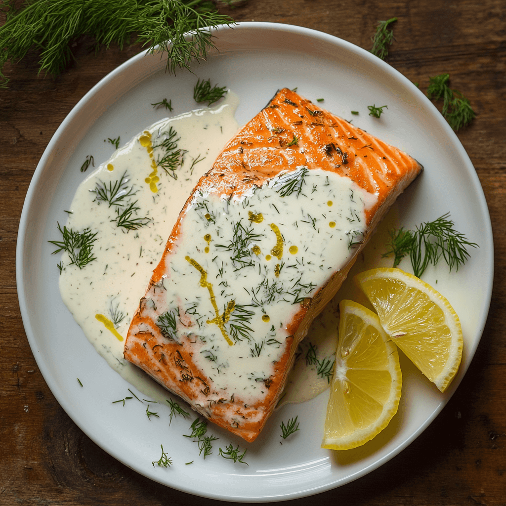 Grilled salmon with lemon dill sauce and herbs on a plate