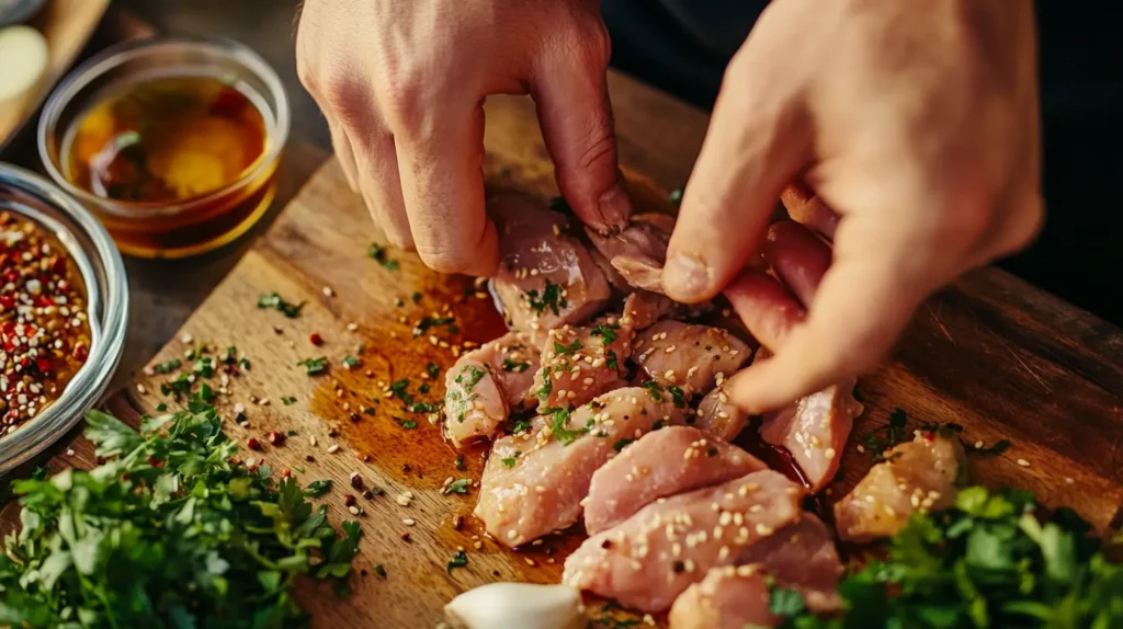 Chicken marinating in Chinese-style sauce with spices