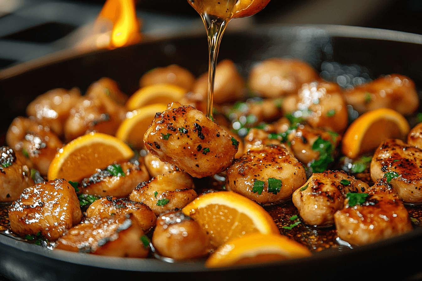 A skillet filled with golden-brown seared chicken bites, garnished with fresh parsley and paired with vibrant orange slices. A drizzle of honey is being poured over the chicken, adding a glossy finish. The scene is warmly lit, with a flame flickering in the background, enhancing the dish's rich and flavorful appeal.