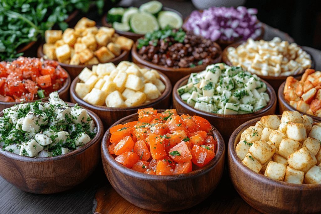 A collection of wooden bowls filled with fresh ingredients, including diced tomatoes, paneer, potatoes, cucumbers, and lentils, surrounded by herbs and limes on a table.