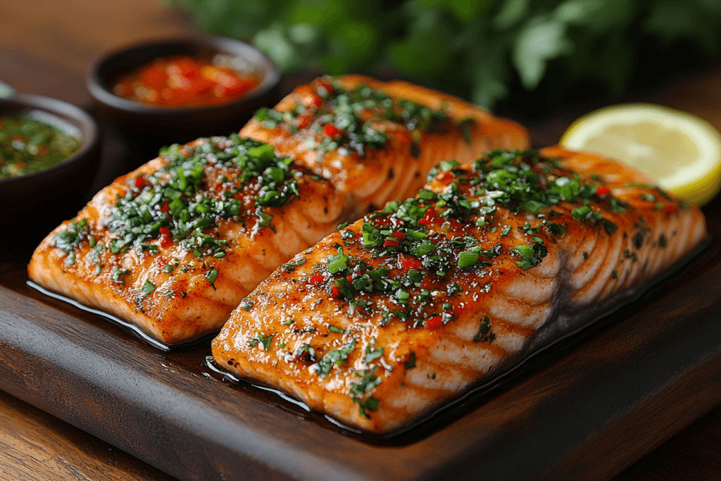 Two grilled salmon fillets topped with a fresh herb and chili garnish, served on a wooden platter with lemon slices and dipping sauces in the background.