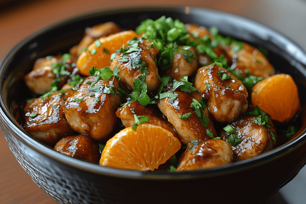 A bowl of Chinese orange chicken garnished with fresh cilantro and orange slices, coated in a glossy orange sauce.