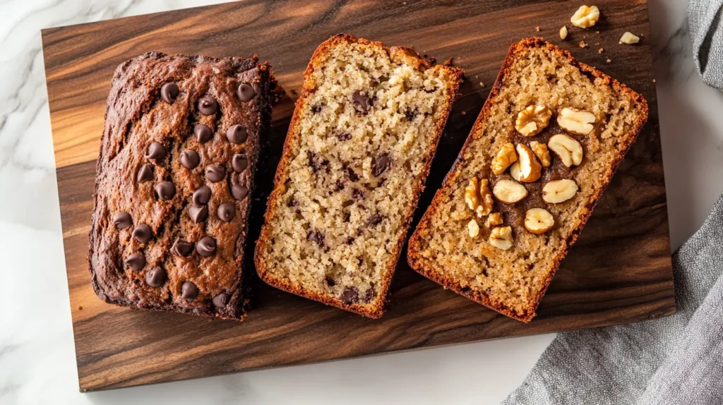 Three variations of Apple Banana Bread – plain, with nuts, and chocolate chips
