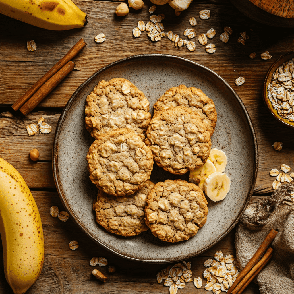 Plate of soft banana bread cookies with ripe bananas and oats