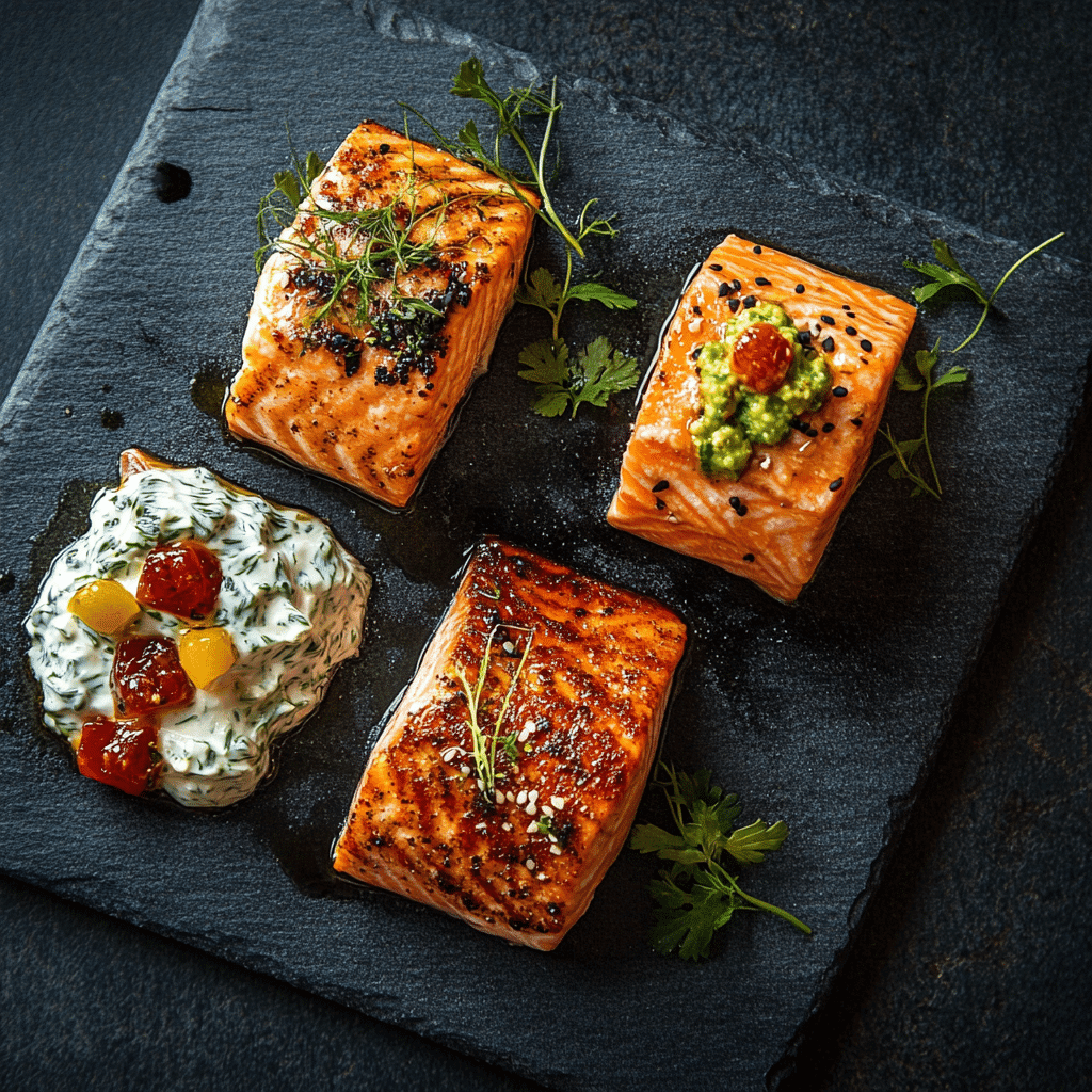 Salmon fillet trio with tzatziki, soy glaze, and sriracha mayo