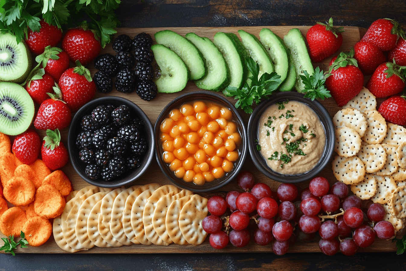 Colorful Platter of Vegan Snacks: A vibrant platter featuring sliced fruits, vegetables, hummus, crackers, and nuts, arranged beautifully.