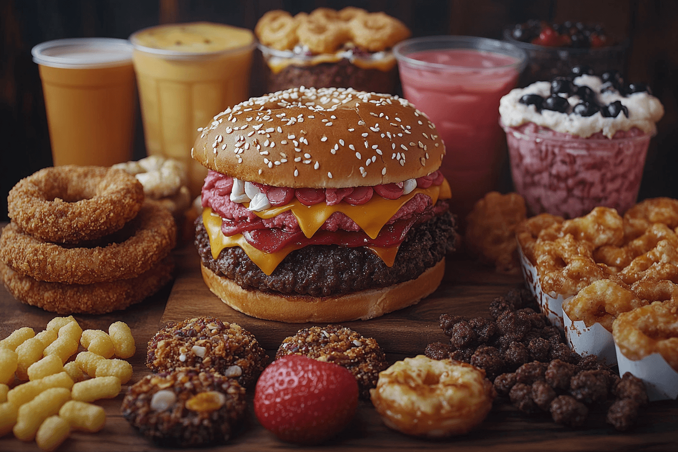 A colorful assortment of vegan junk food, including a plant-based burger, fries, onion rings, and a soda served on a wooden table.