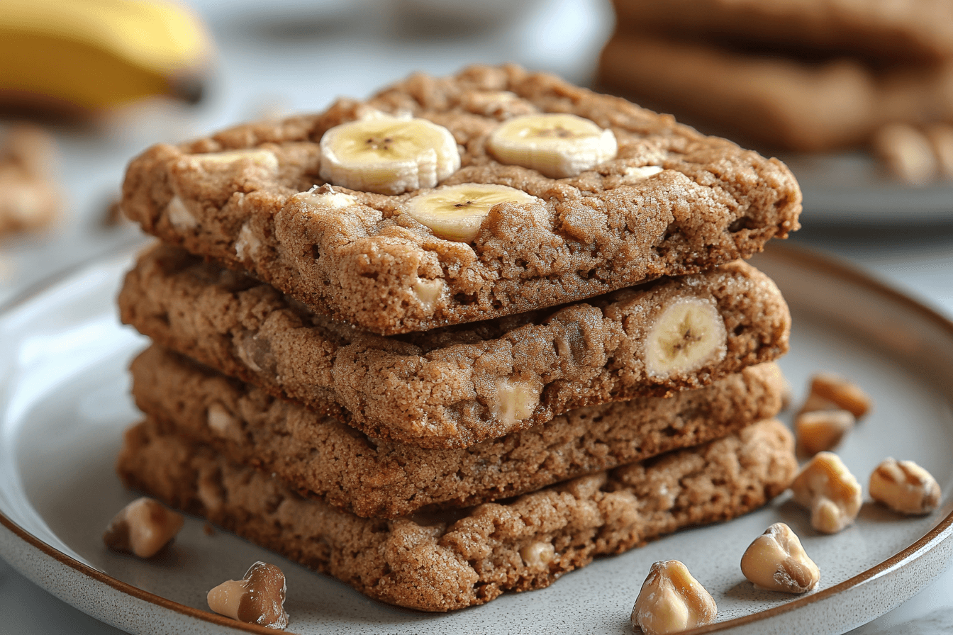 A plate of freshly baked banana bread cookies garnished with chocolate chips and nuts, placed on a rustic wooden table