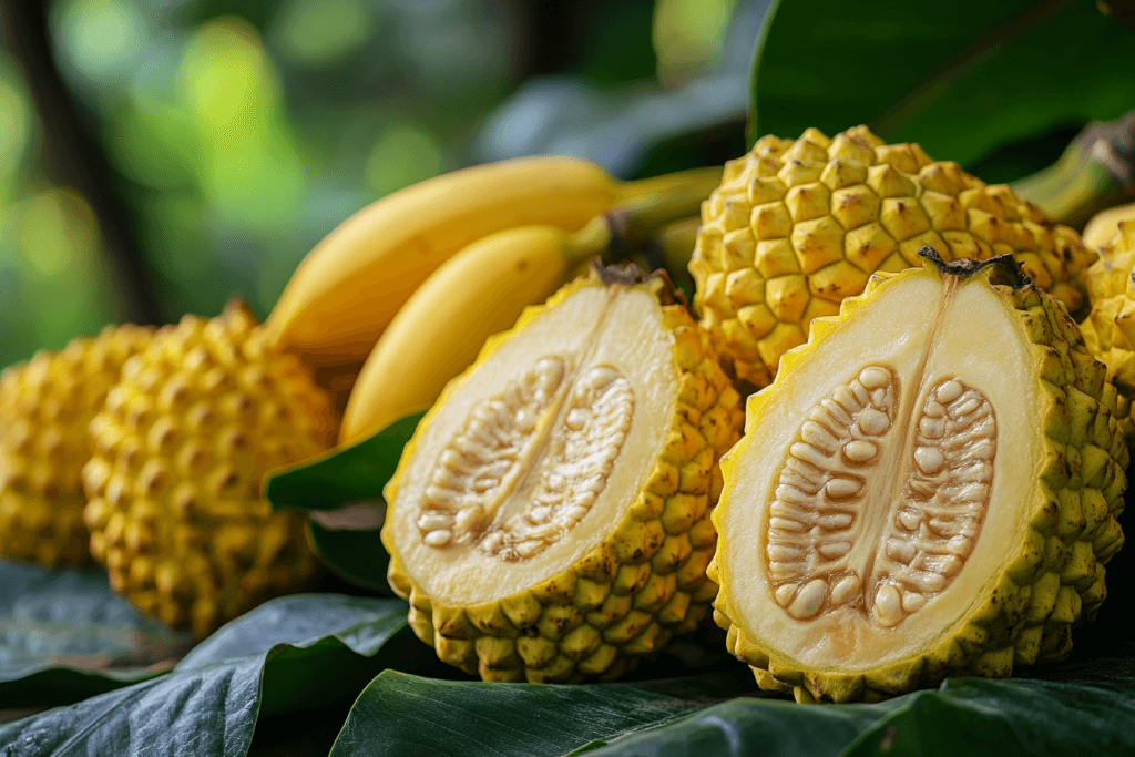 Yellow jackfruit and ripe bananas arranged on large green leaves, with a halved jackfruit showing its seeds and vibrant flesh.