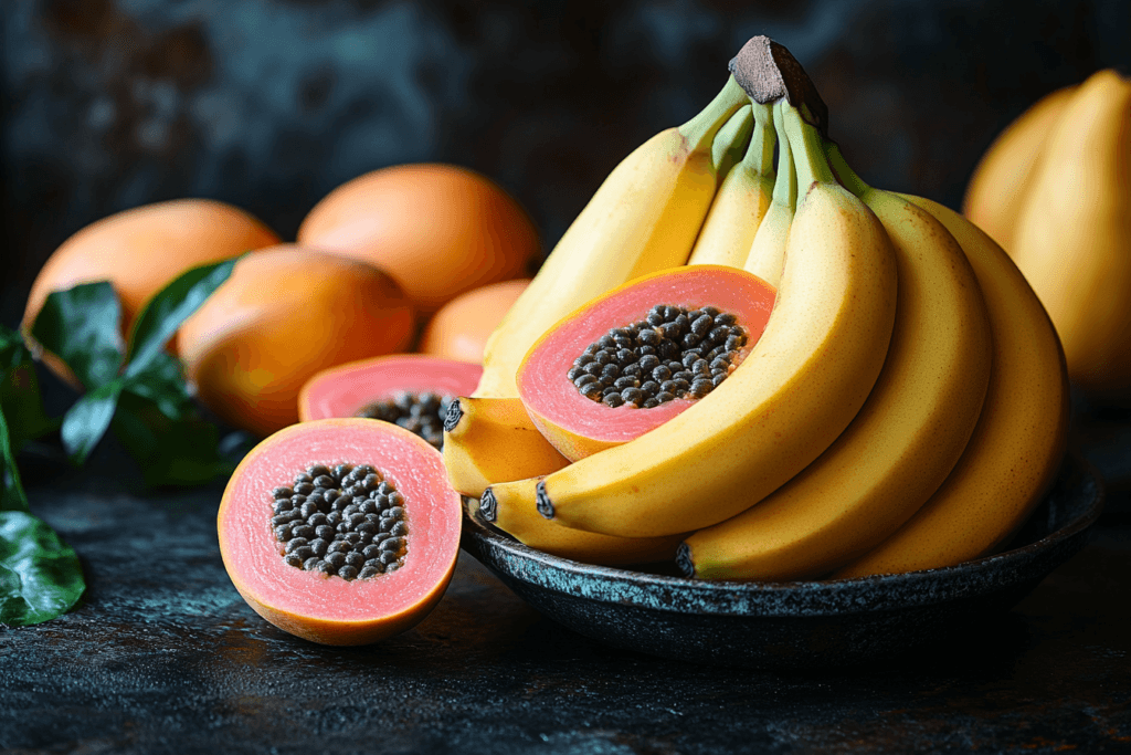 A bunch of ripe bananas paired with a halved papaya displaying its vibrant orange flesh and black seeds.