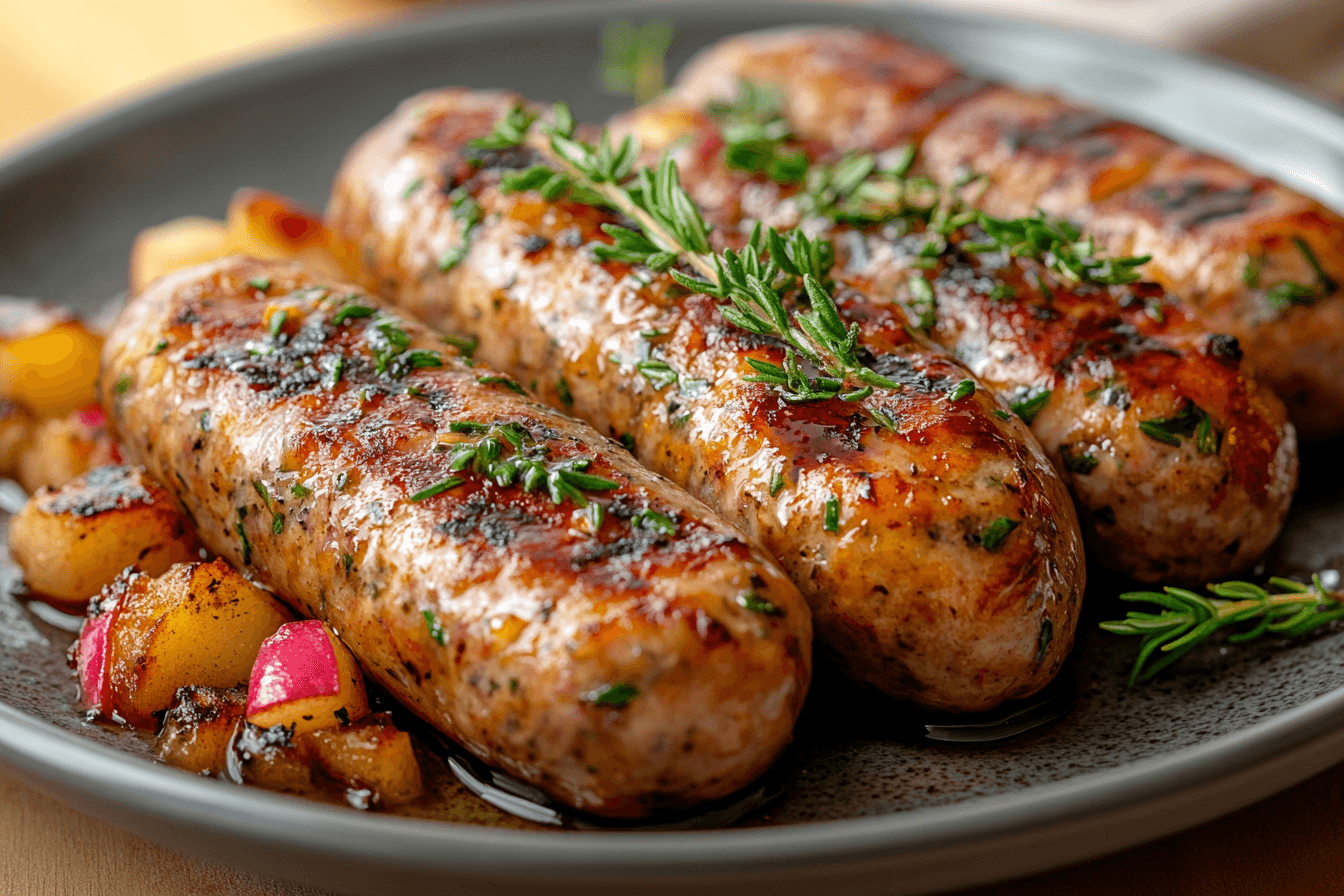 Chicken sausage served on a wooden board with fresh herbs and a knife, showcasing a ready-to-eat and safely prepared meal.